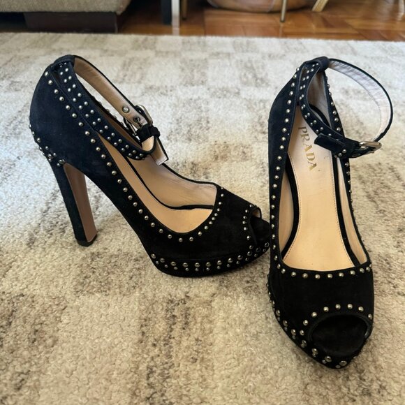 Vintage Prada Black Suede Studded Heels Rare Prada black suede peep-toe pumps wi - Picture 1 of 4